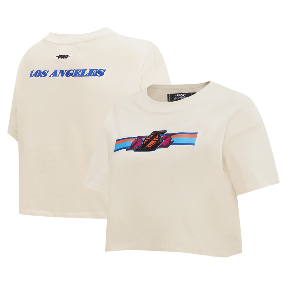 NBA - Los Angeles Lakers Pro Standard Women's Retro Striper SJ Cropped Boxy T-Shirt - Cream