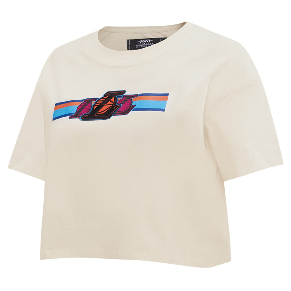 NBA - Los Angeles Lakers Pro Standard Women's Retro Striper SJ Cropped Boxy T-Shirt - Cream