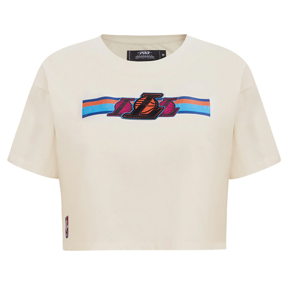 NBA - Los Angeles Lakers Pro Standard Women's Retro Striper SJ Cropped Boxy T-Shirt - Cream