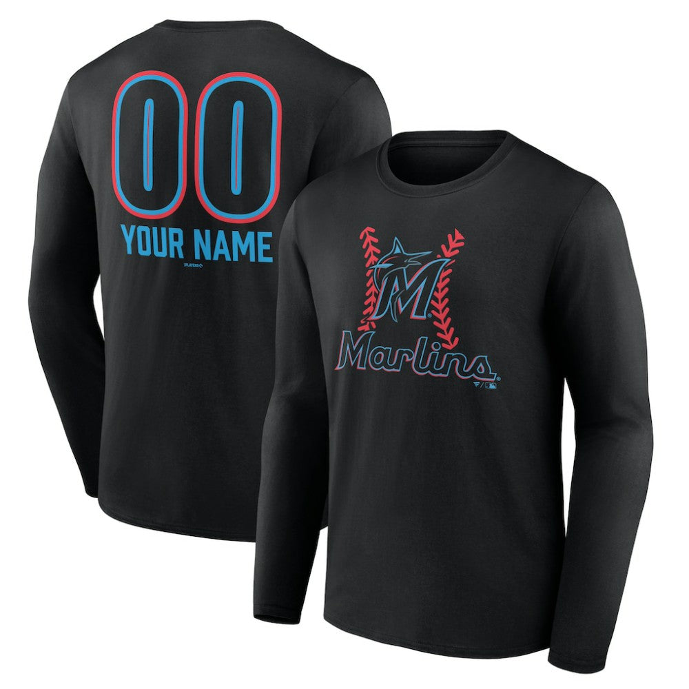 Miami Marlins Personalized Name & Number Fastball Long Sleeve T-Shirt On Sale