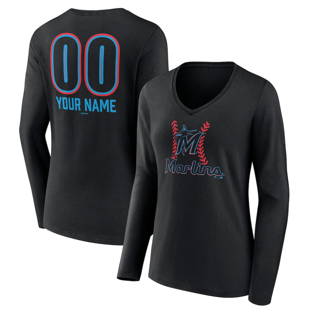 Miami Marlins Women's Personalized Name & Number Fastball Long Sleeve V-Neck T-Shirt On Sale