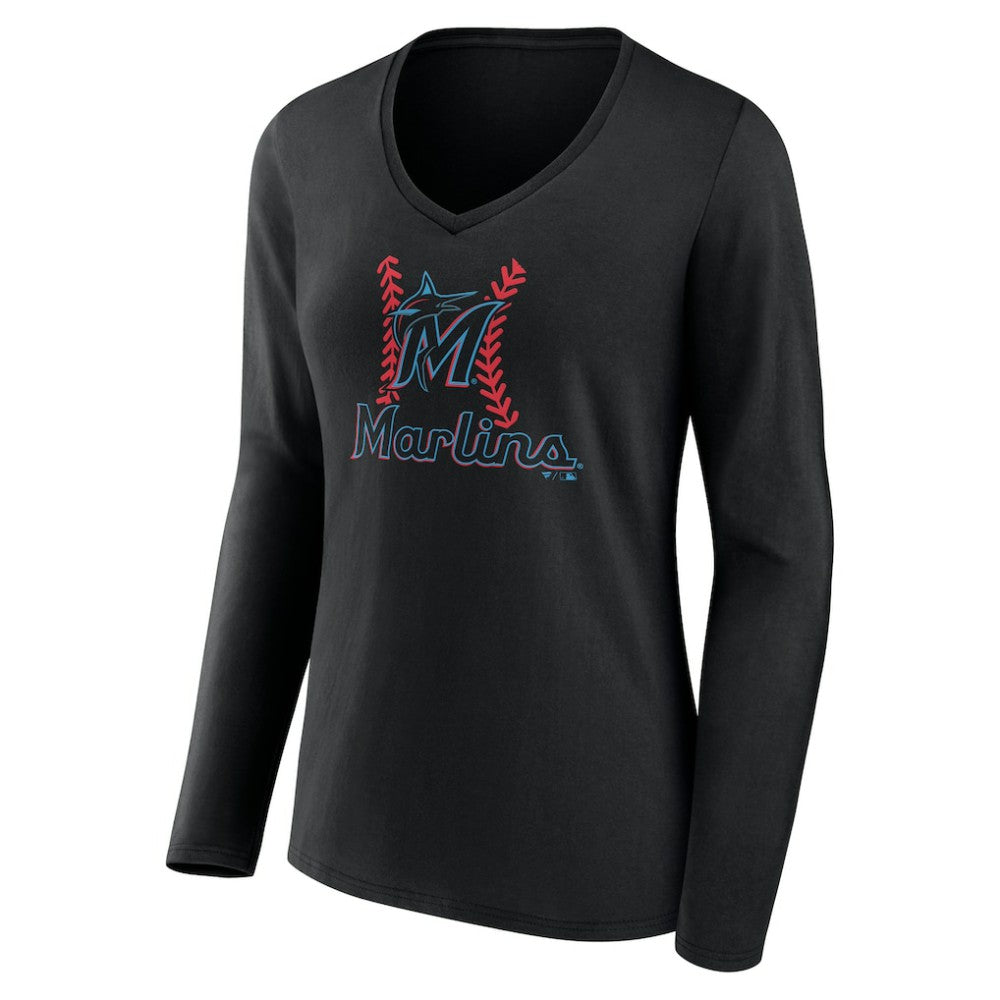 Miami Marlins Women's Personalized Name & Number Fastball Long Sleeve V-Neck T-Shirt On Sale