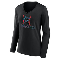 Miami Marlins Women's Personalized Name & Number Fastball Long Sleeve V-Neck T-Shirt On Sale