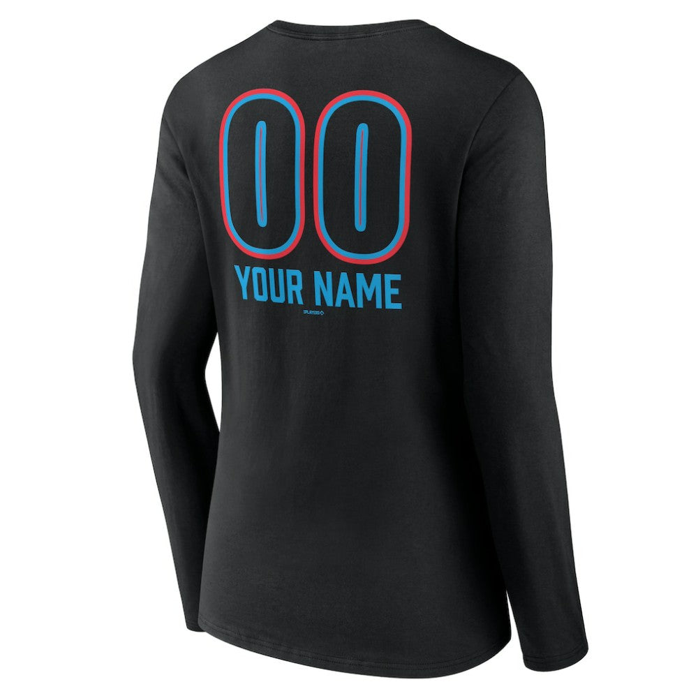 Miami Marlins Women's Personalized Name & Number Fastball Long Sleeve V-Neck T-Shirt On Sale