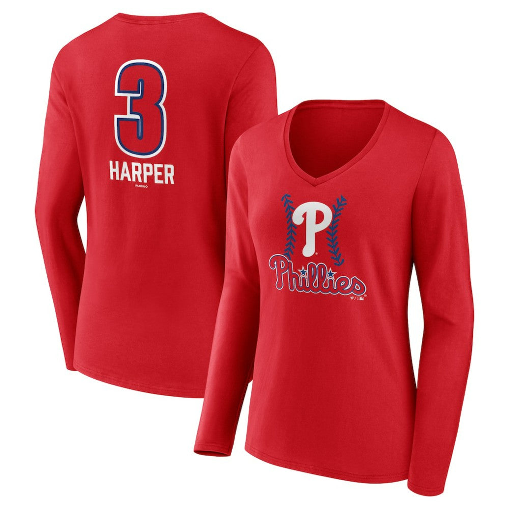 Bryce Harper Philadelphia Phillies Women's Fastball Player Name & Number Long Sleeve V-Neck T-Shirt Online