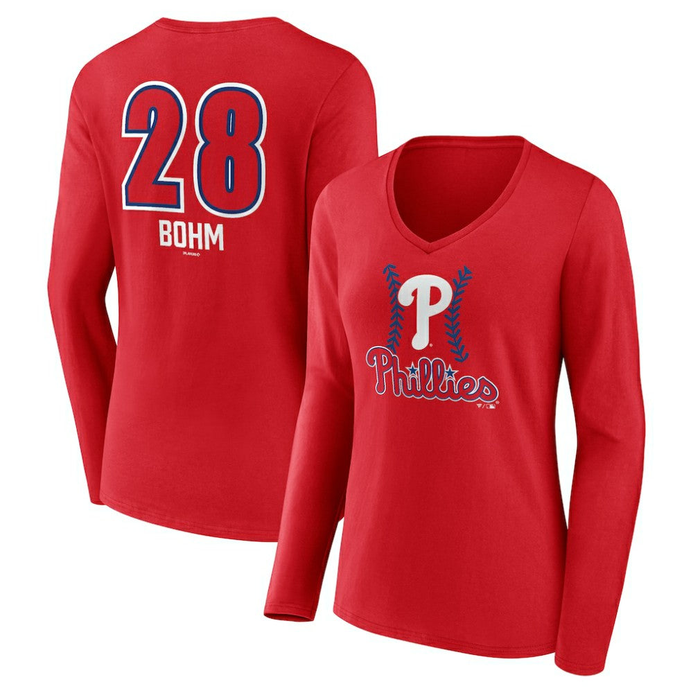 Alec Bohm Philadelphia Phillies Women's Fastball Player Name & Number Long Sleeve V-Neck T-Shirt for sale