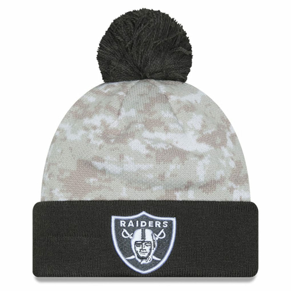 Las Vegas Raiders New Era 2024 Salute To Service Digital Camo Cuffed Knit Hat with Pom White/Graphite - NFL