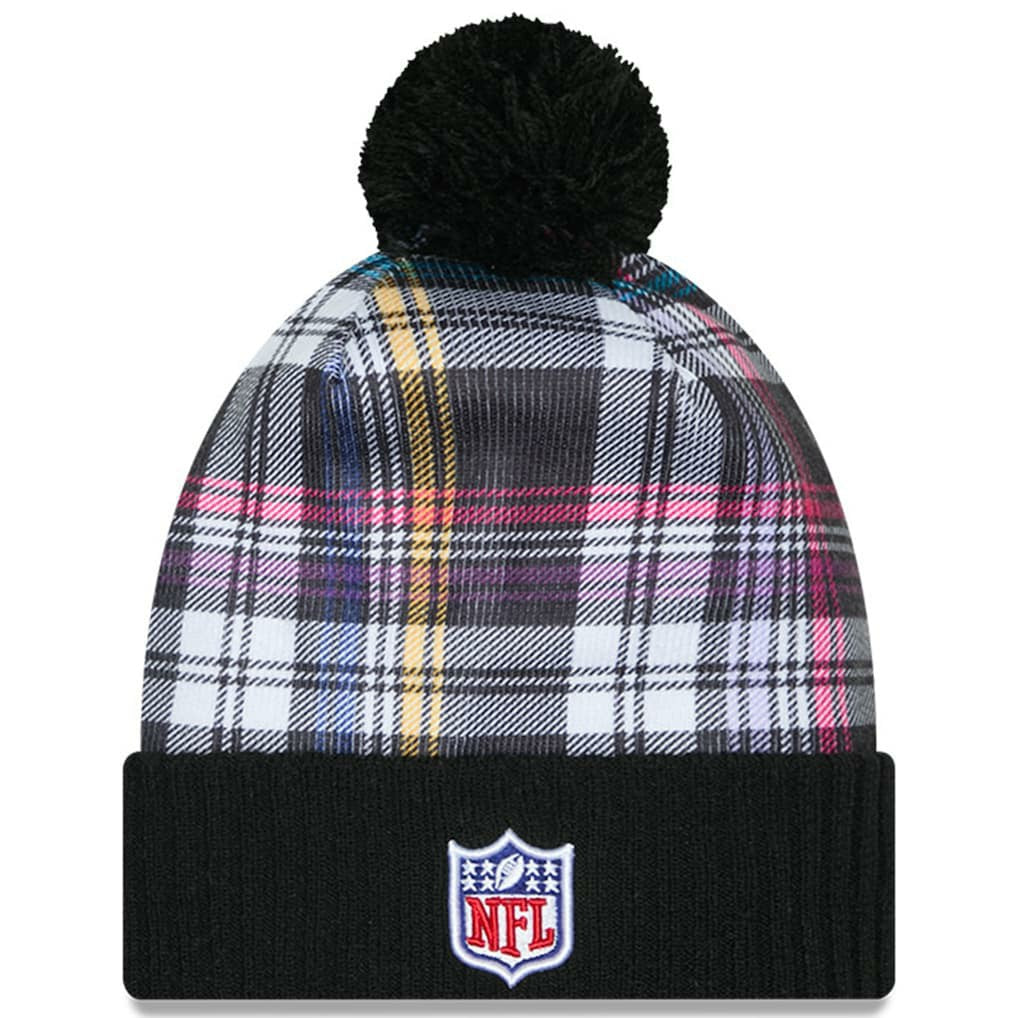 New York Jets New Era Youth 2024 NFL Crucial Catch Plaid Cuffed Pom Knit Hat Black - NFL