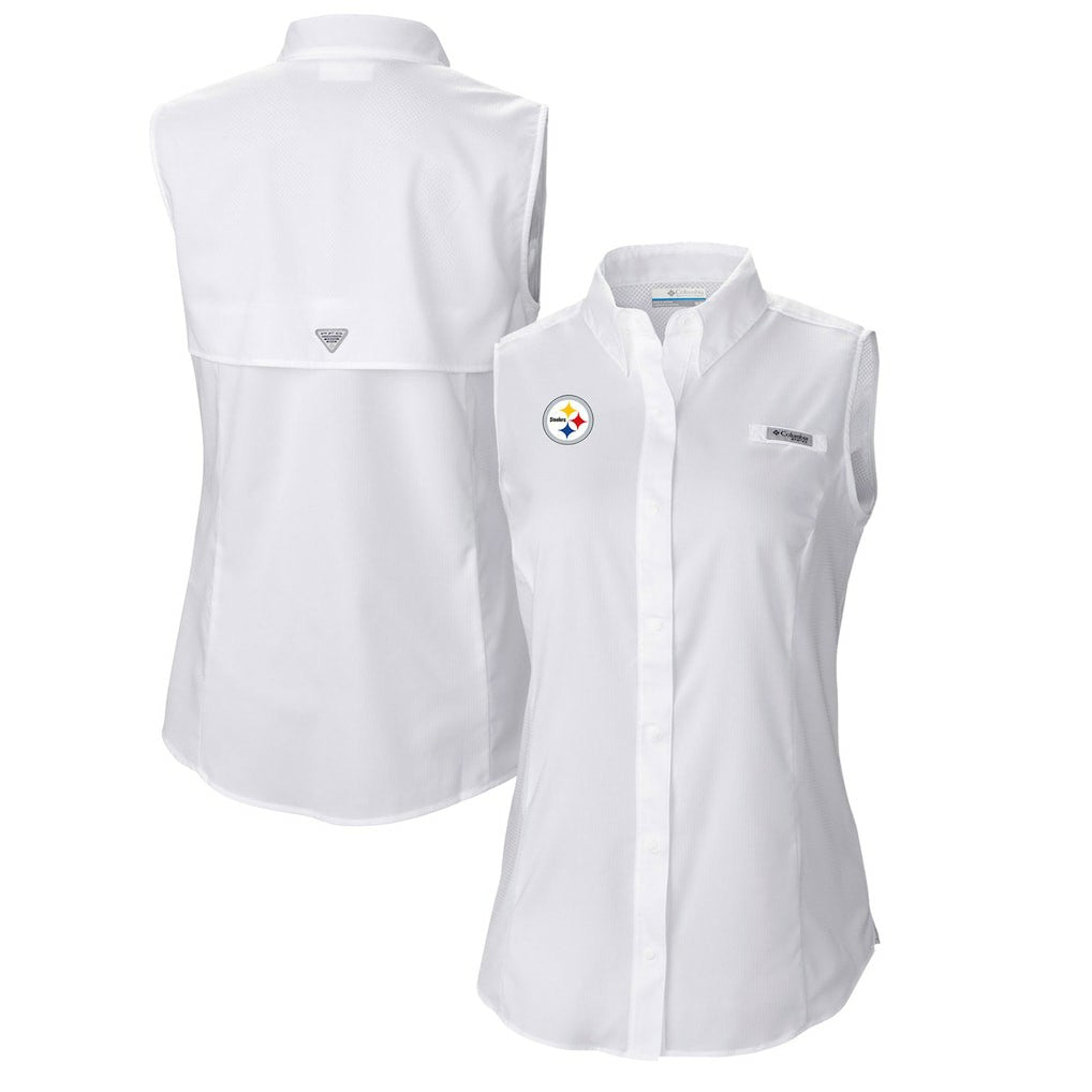 Pittsburgh Steelers Women's PFG Tamiami Omni-Shade Sleeveless Button-Up Shirt White - Columbia