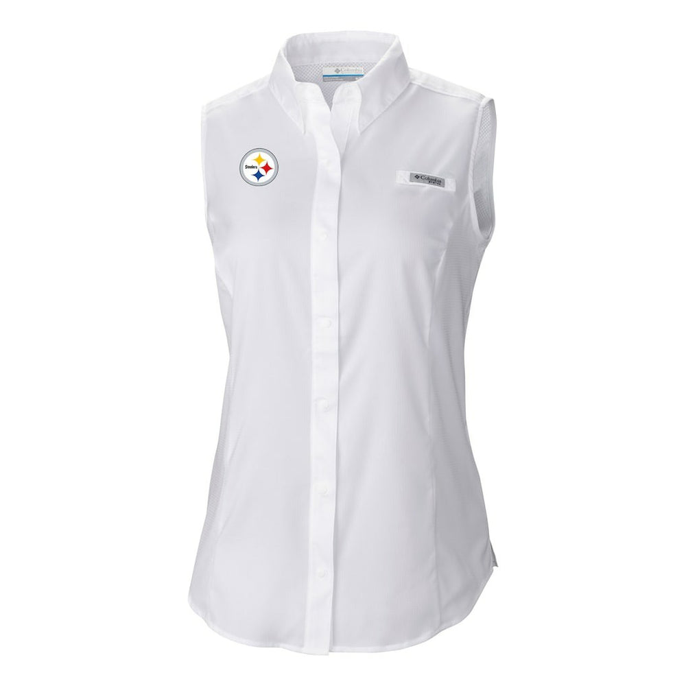 Pittsburgh Steelers Women's PFG Tamiami Omni-Shade Sleeveless Button-Up Shirt White - Columbia