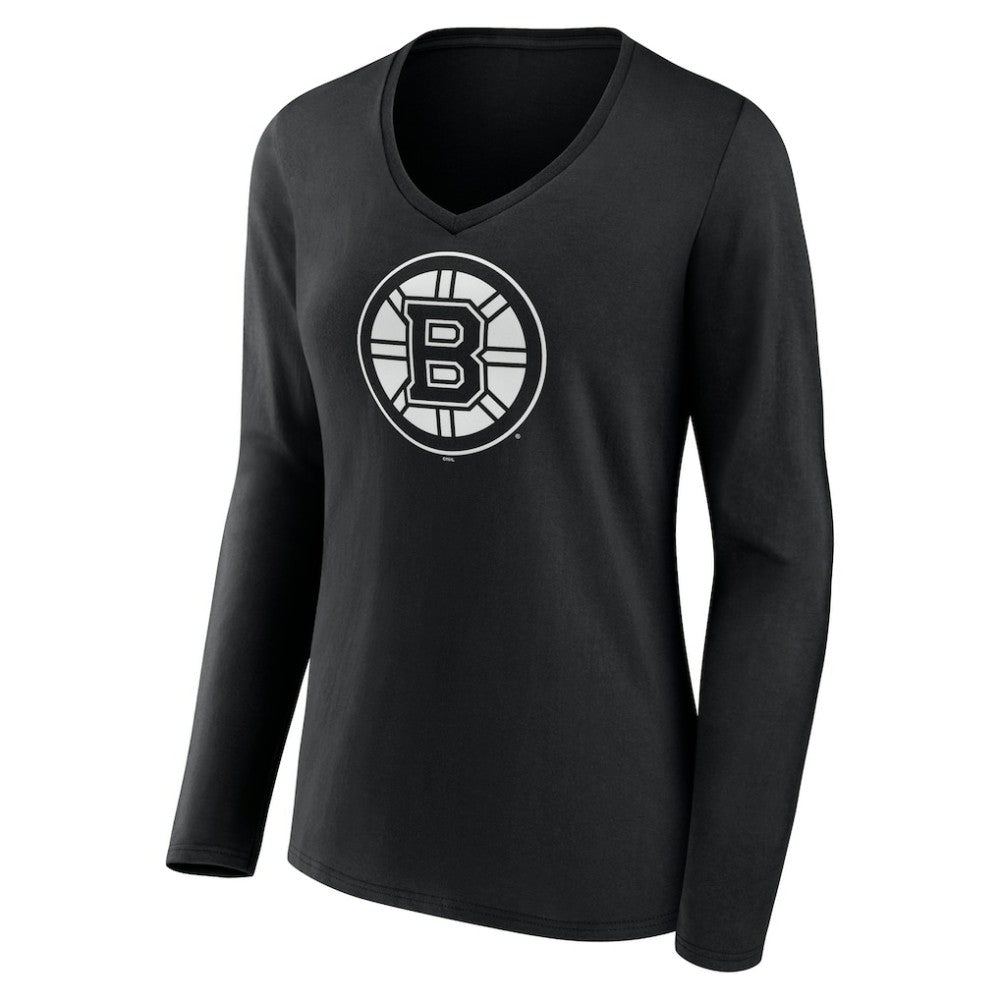 Boston Bruins Women's Personalized Name & Number Monochrome Long Sleeve V-Neck T-Shirt Black