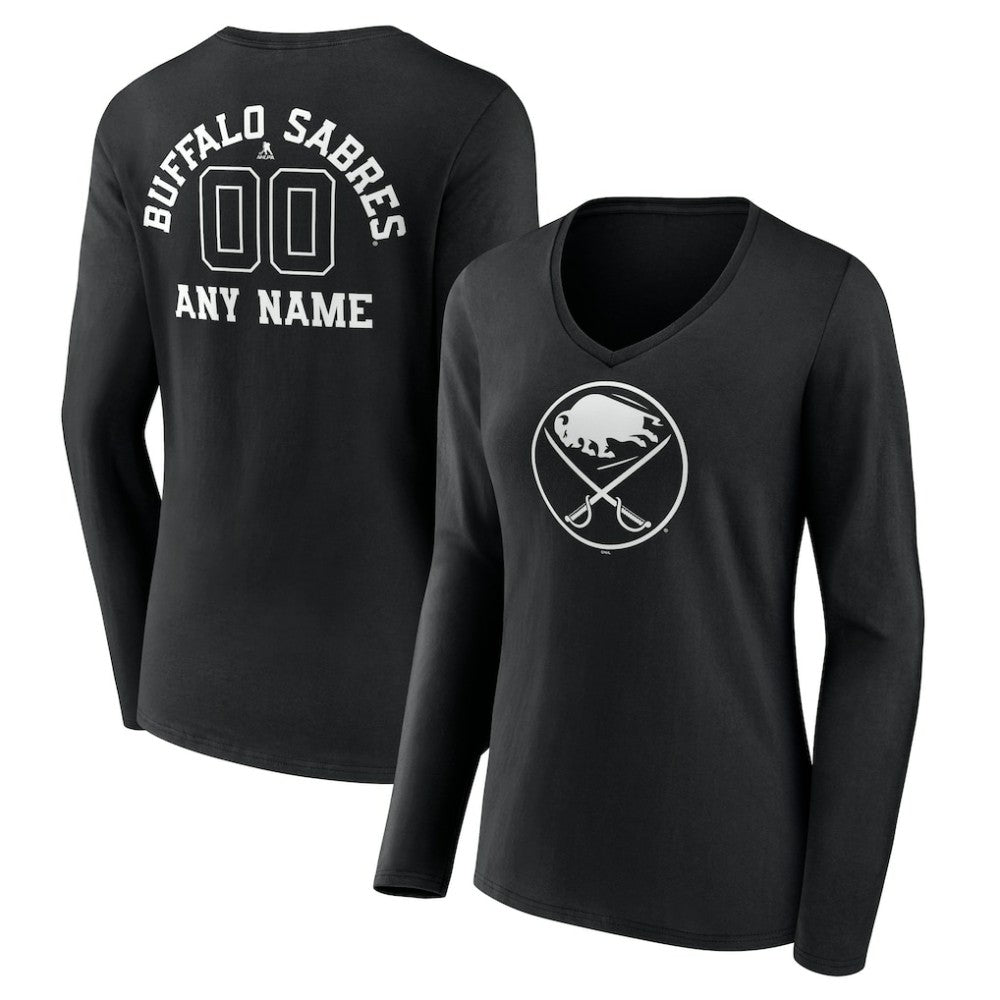 Buffalo Sabres - Women's Personalized Name & Number Monochrome Long Sleeve V-Neck T-Shirt Black