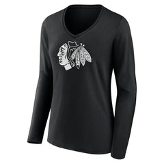 Chicago Blackhawks Women's Personalized Name & Number Monochrome Long Sleeve V-Neck T-Shirt Black