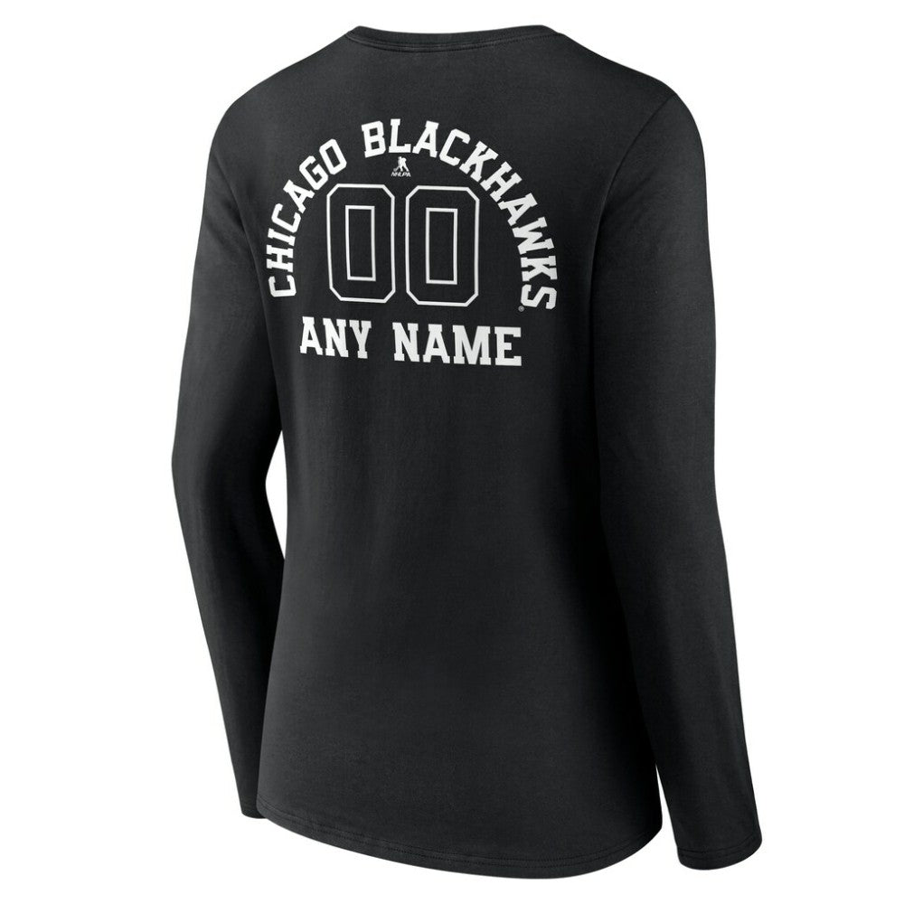 Chicago Blackhawks Women's Personalized Name & Number Monochrome Long Sleeve V-Neck T-Shirt Black