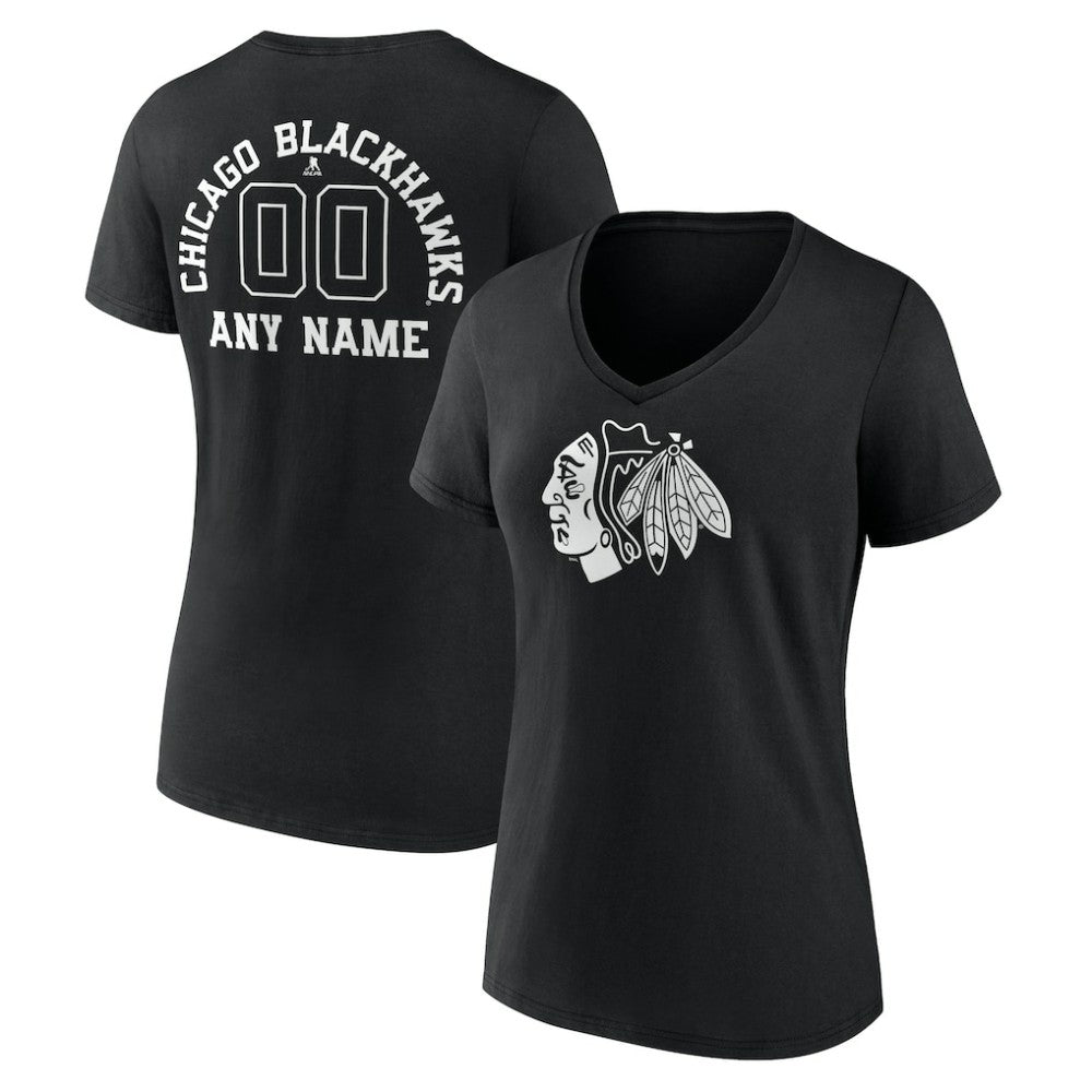 Chicago Blackhawks Women's Personalized Name & Number Monochrome V-Neck T-Shirt Black
