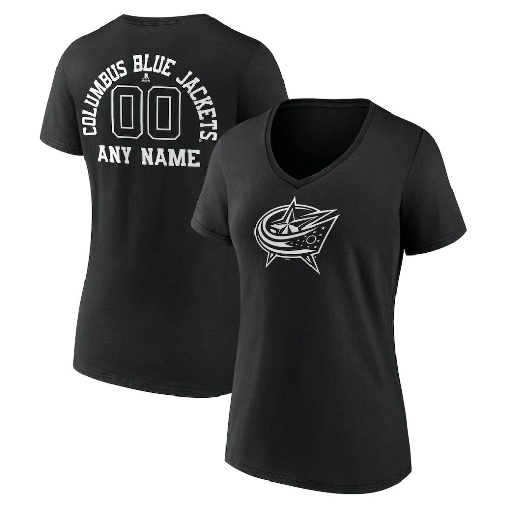 Columbus Blue Jackets - Women's Personalized Name & Number Monochrome V-Neck T-Shirt Black