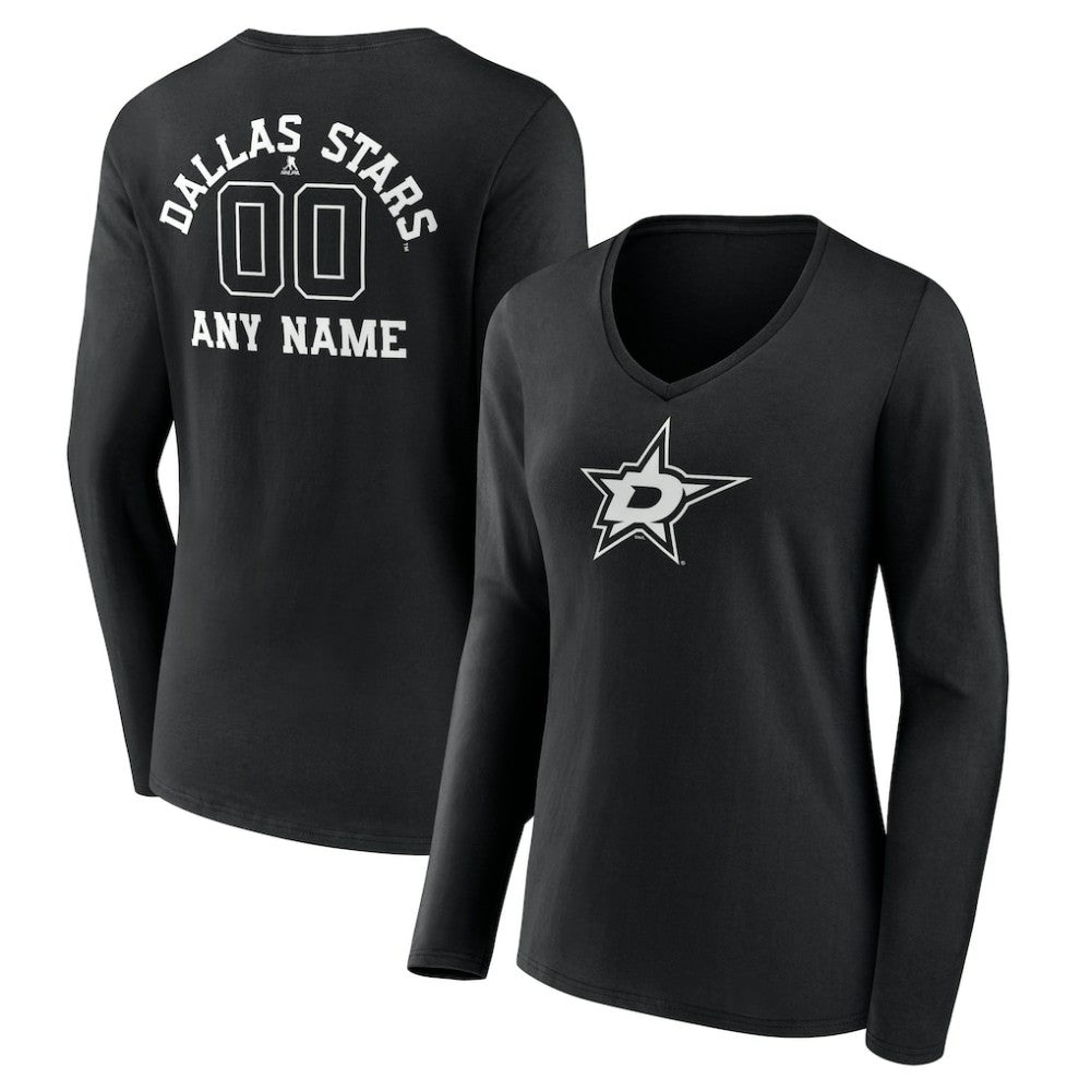 Dallas Stars - Women's Personalized Name & Number Monochrome Long Sleeve V-Neck T-Shirt Black