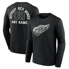 Detroit Red Wings - Personalized Name & Number Monochrome Long Sleeve T-Shirt Black