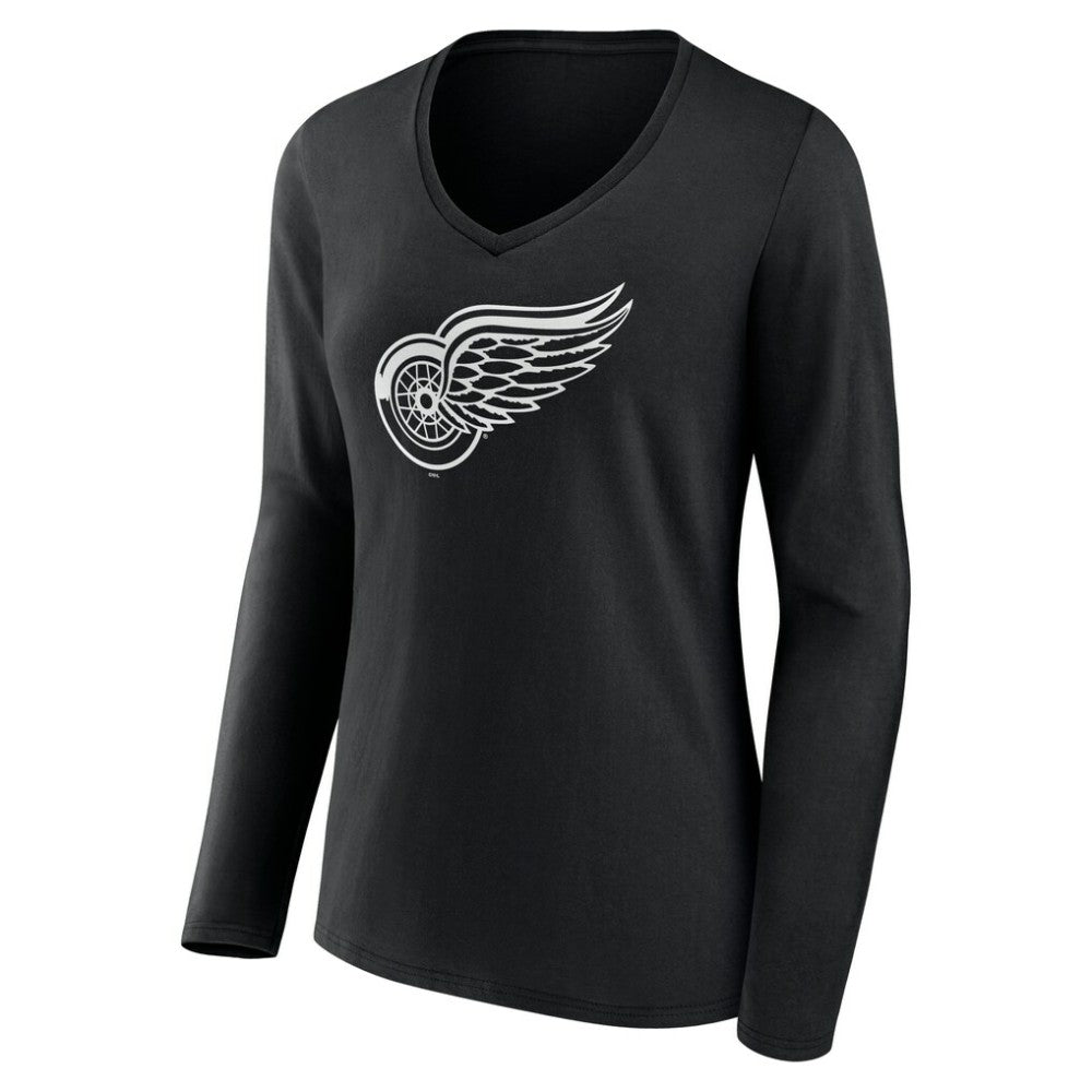 Detroit Red Wings - Women's Personalized Name & Number Monochrome Long Sleeve V-Neck T-Shirt Black