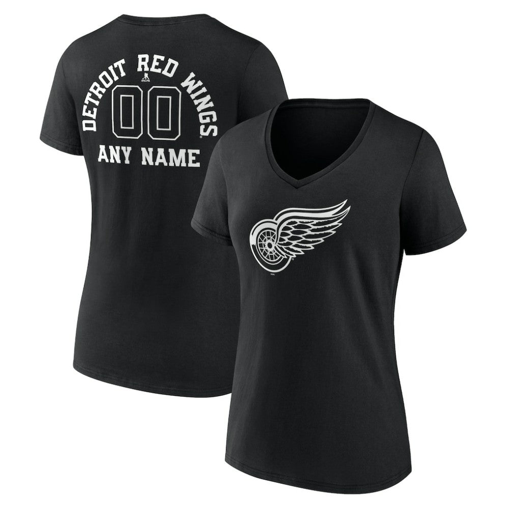Detroit Red Wings - Women's Personalized Name & Number Monochrome V-Neck T-Shirt Black