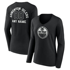 Edmonton Oilers - Women's Personalized Name & Number Monochrome Long Sleeve V-Neck T-Shirt Black