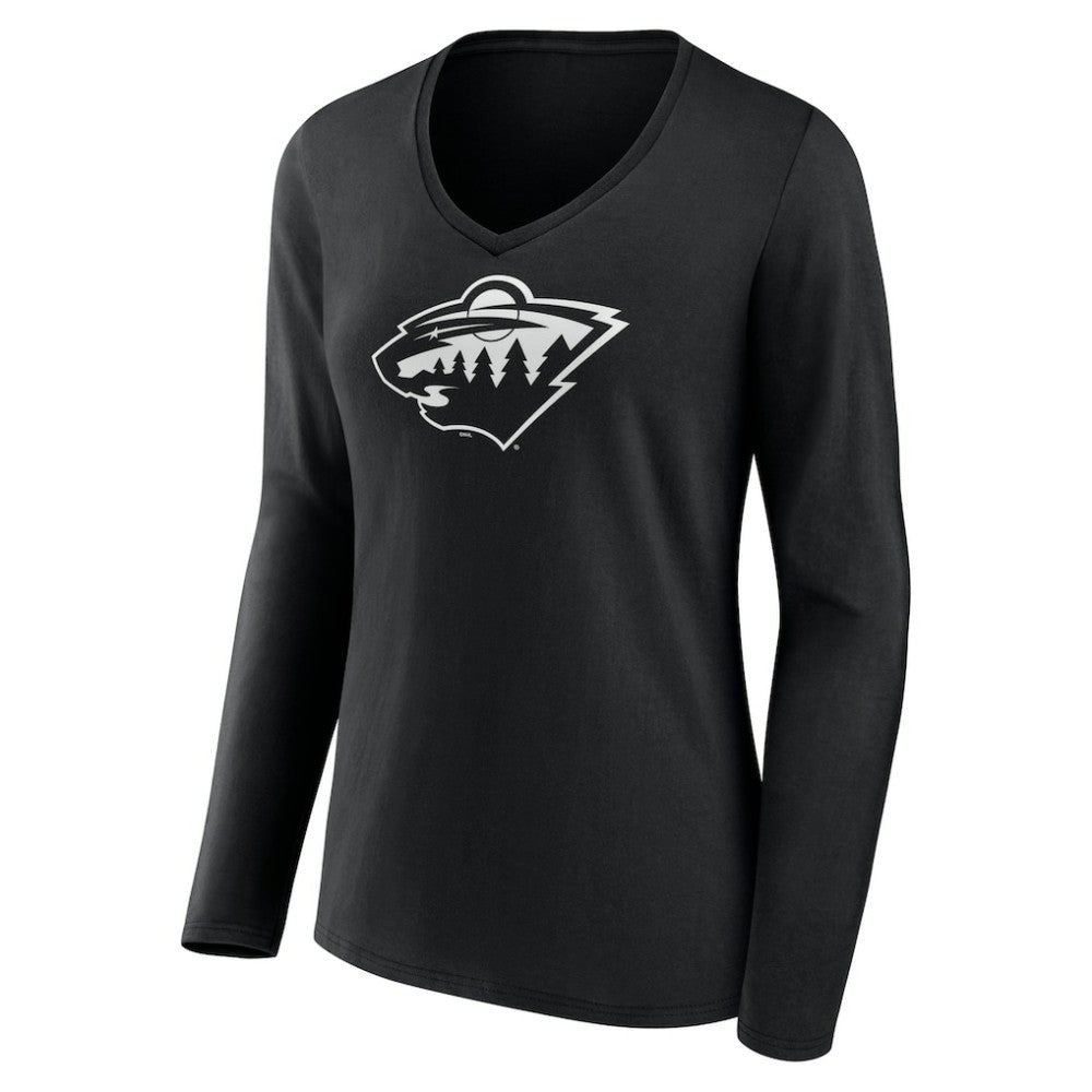 Minnesota Wild - Women's Personalized Name & Number Monochrome Long Sleeve V-Neck T-Shirt Black