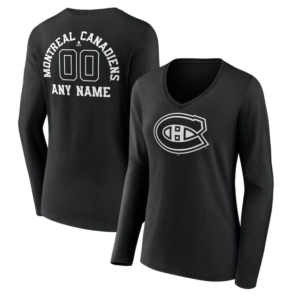 Montreal Canadiens - Women's Personalized Name & Number Monochrome Long Sleeve V-Neck T-Shirt Black