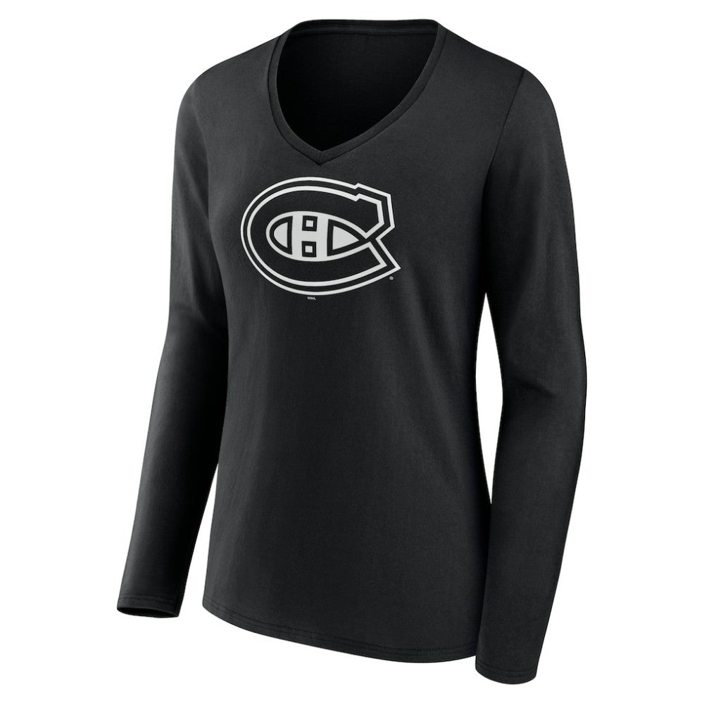 Montreal Canadiens - Women's Personalized Name & Number Monochrome Long Sleeve V-Neck T-Shirt Black
