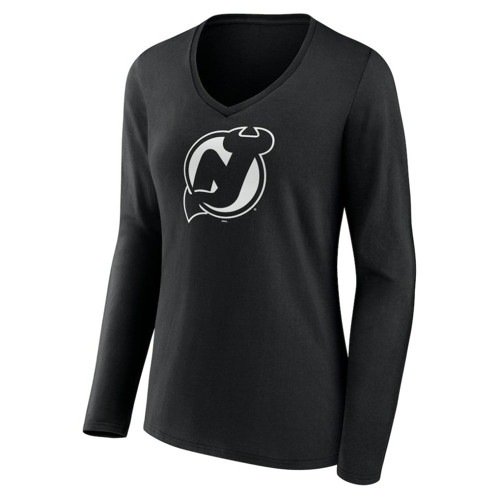 New Jersey Devils - Women's Personalized Name & Number Monochrome Long Sleeve V-Neck T-Shirt Black