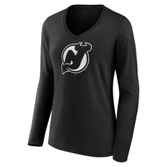 New Jersey Devils - Women's Personalized Name & Number Monochrome Long Sleeve V-Neck T-Shirt Black