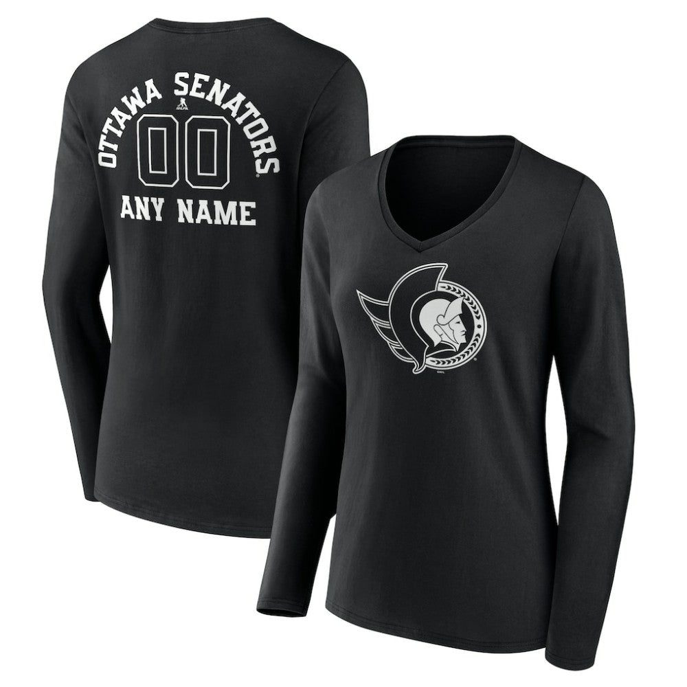 Ottawa Senators - Women's Personalized Name & Number Monochrome Long Sleeve V-Neck T-Shirt Black