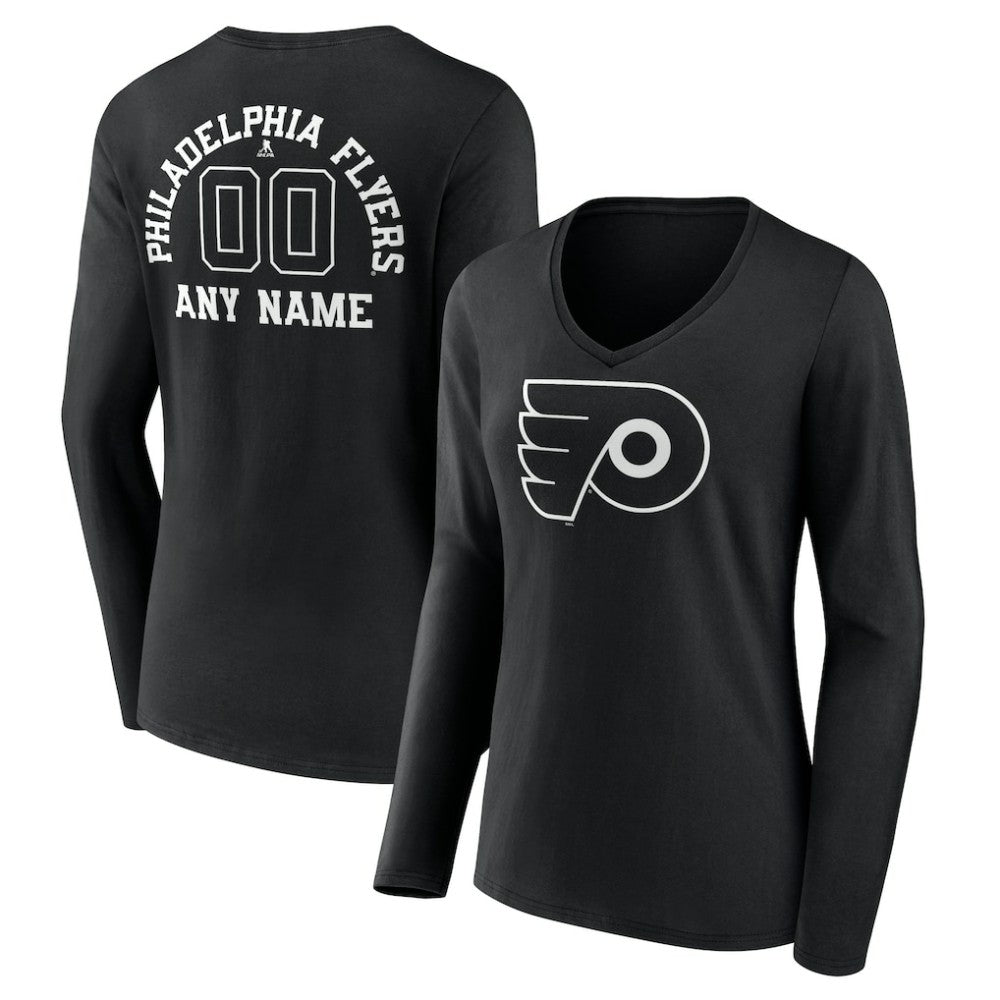Philadelphia Flyers - Women's Personalized Name & Number Monochrome Long Sleeve V-Neck T-Shirt Black