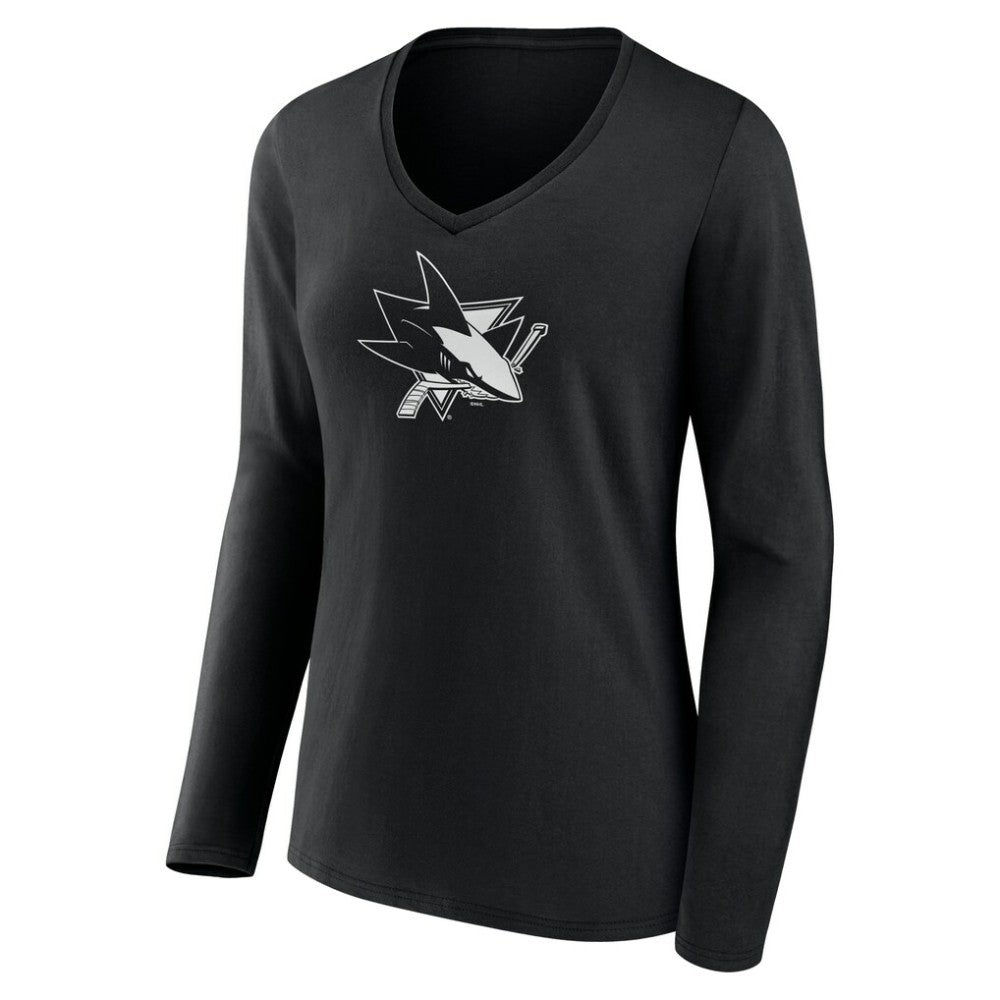 San Jose Sharks - Women's Personalized Name & Number Monochrome Long Sleeve V-Neck T-Shirt Black