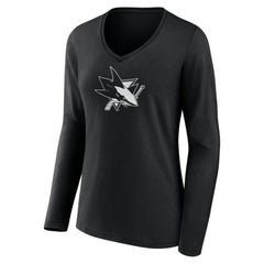 San Jose Sharks - Women's Personalized Name & Number Monochrome Long Sleeve V-Neck T-Shirt Black
