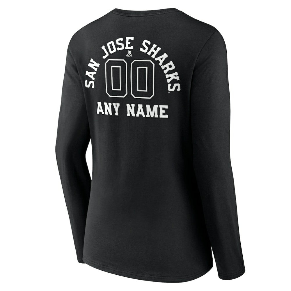 San Jose Sharks - Women's Personalized Name & Number Monochrome Long Sleeve V-Neck T-Shirt Black
