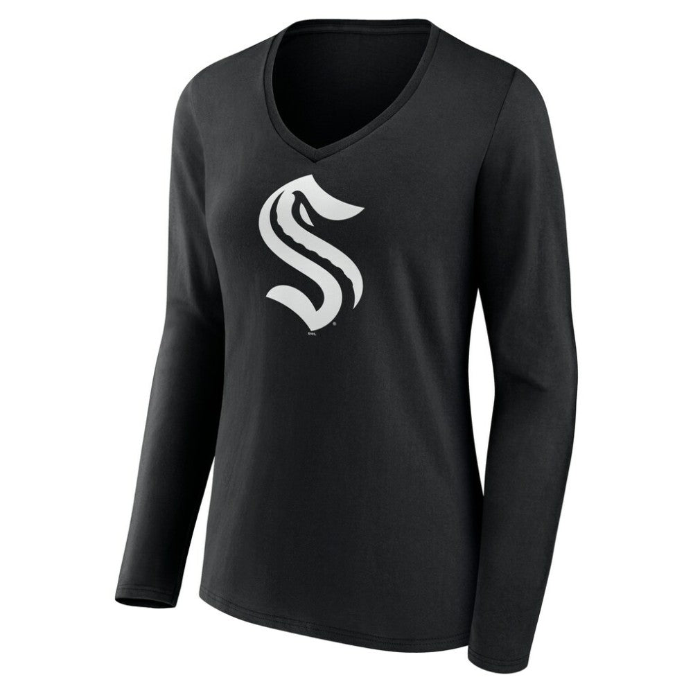 Seattle Kraken Women's Personalized Name & Number Monochrome Long Sleeve V-Neck T-Shirt Black