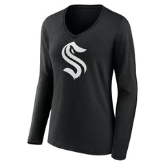 Seattle Kraken Women's Personalized Name & Number Monochrome Long Sleeve V-Neck T-Shirt Black