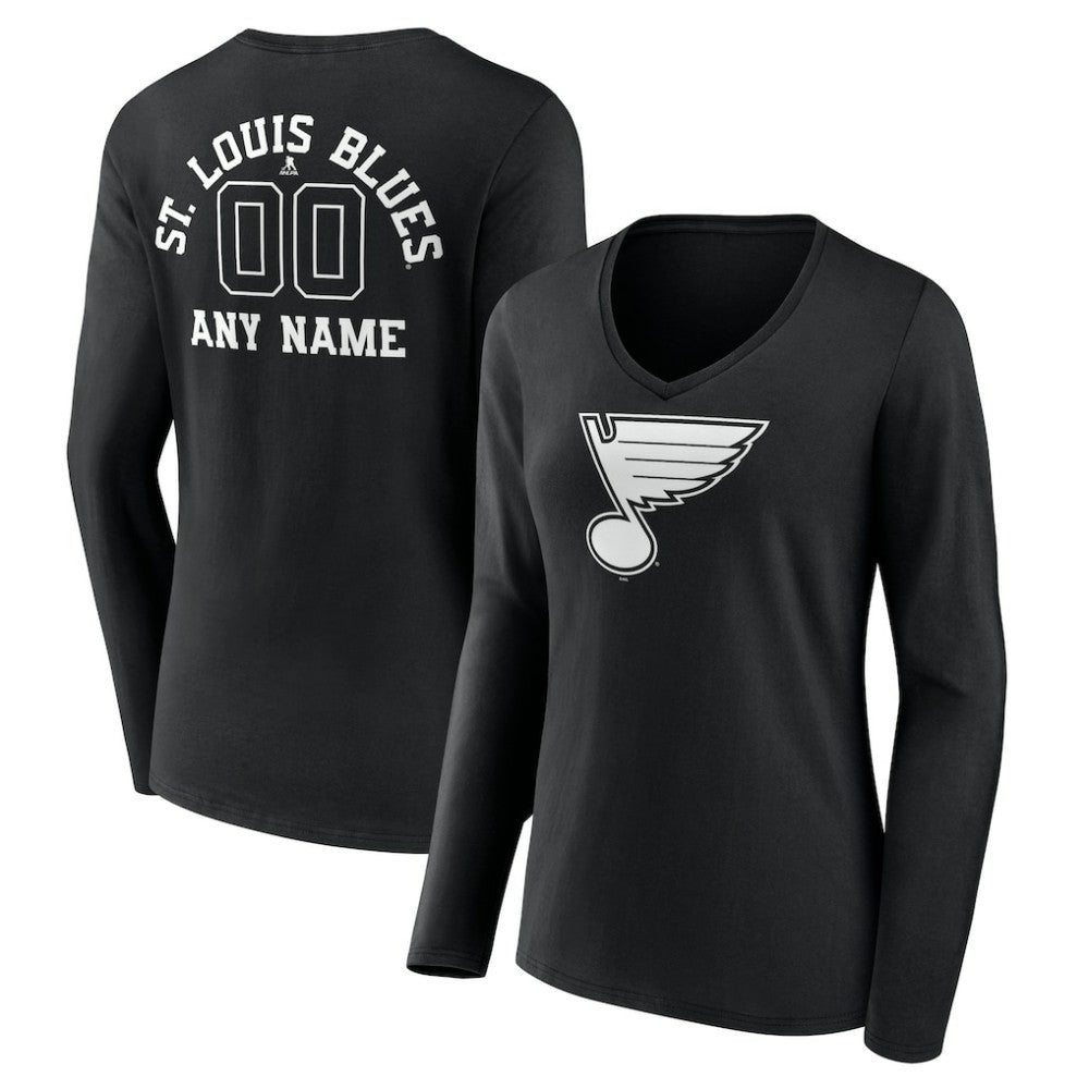 St. Louis Blues - Women's Personalized Name & Number Monochrome Long Sleeve V-Neck T-Shirt Black