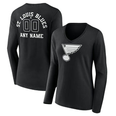 St. Louis Blues - Women's Personalized Name & Number Monochrome Long Sleeve V-Neck T-Shirt Black