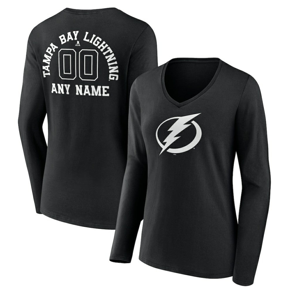 Tampa Bay Lightning - Women's Personalized Name & Number Monochrome Long Sleeve V-Neck T-Shirt Black