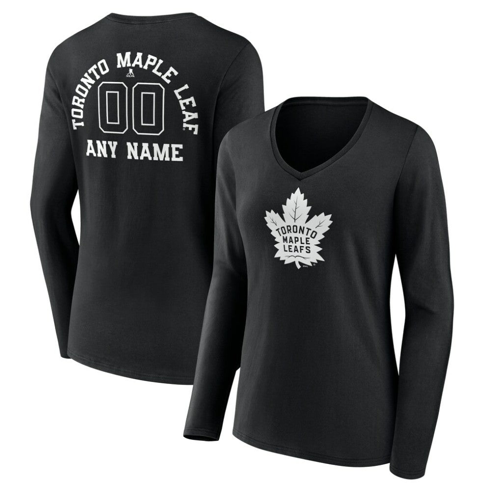 Toronto Maple Leafs - Women's Personalized Name & Number Monochrome Long Sleeve V-Neck T-Shirt Black