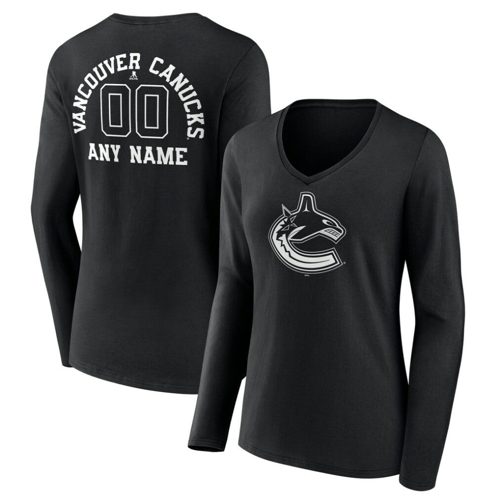 Vancouver Canucks - Women's Personalized Name & Number Monochrome Long Sleeve V-Neck T-Shirt Black