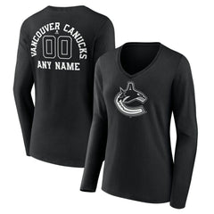 Vancouver Canucks - Women's Personalized Name & Number Monochrome Long Sleeve V-Neck T-Shirt Black