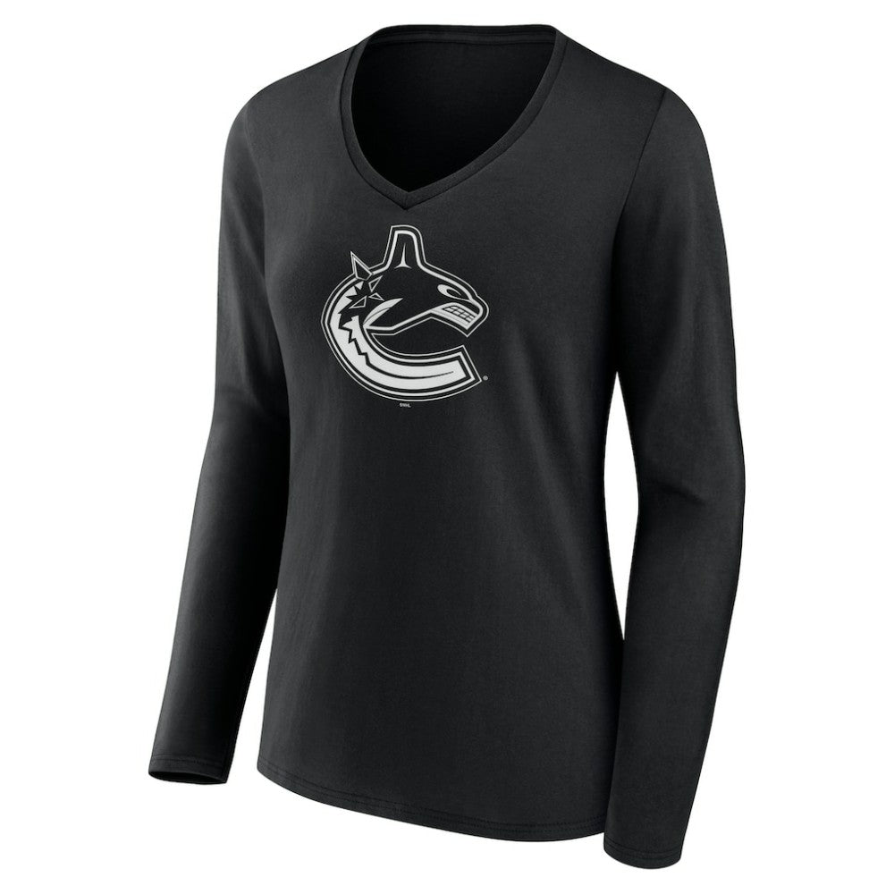 Vancouver Canucks - Women's Personalized Name & Number Monochrome Long Sleeve V-Neck T-Shirt Black