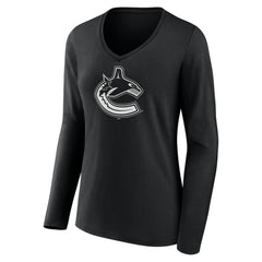 Vancouver Canucks - Women's Personalized Name & Number Monochrome Long Sleeve V-Neck T-Shirt Black