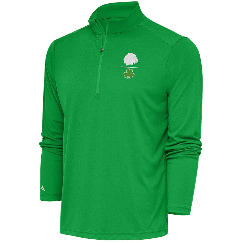 Chicago Blackhawks Antigua Shamrock Tribute Quarter-Zip Pullover Top Kelly Green