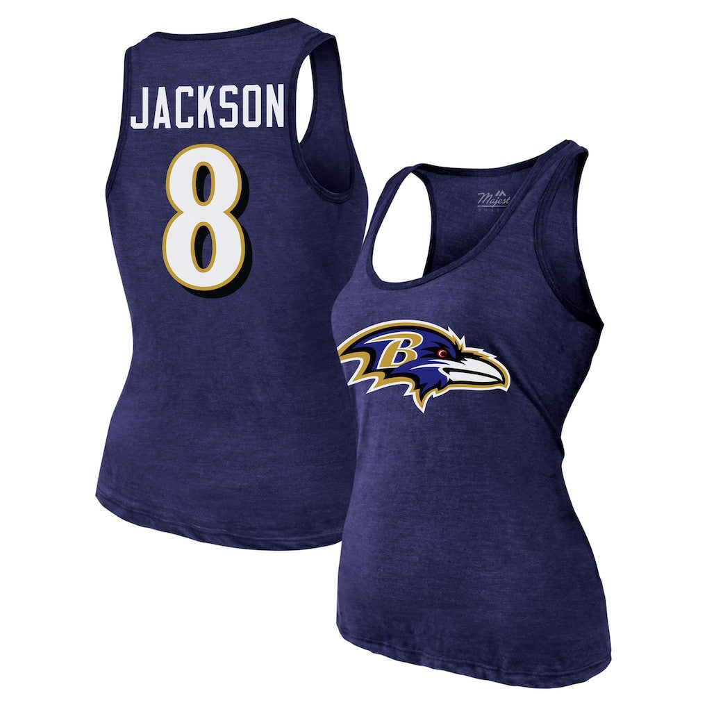 Lamar Jackson Baltimore Ravens Majestic Threads Women's Name & Number Tri-Blend Tank Top Purple - NFL