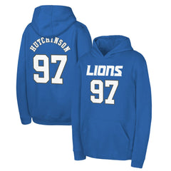 Aidan Hutchinson Detroit Lions Youth Mainliner Player Name & Number Pullover Hoodie Blue - NFL