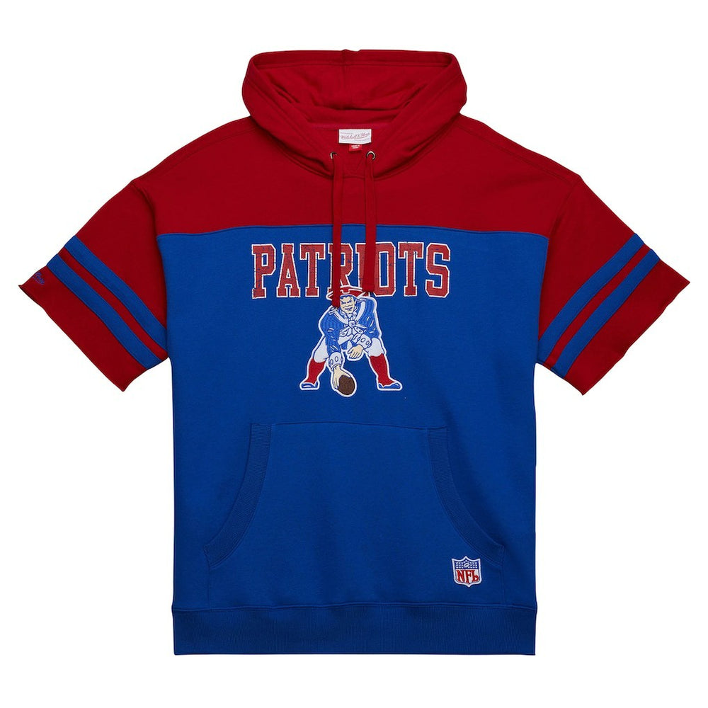 New England Patriots Off Field Vintage Logo Short Sleeve Pullover Hoodie Royal - Mitchell & Ness