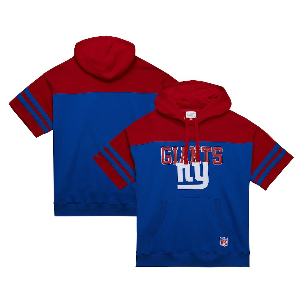 New York Giants Off Field Vintage Logo Short Sleeve Pullover Hoodie Royal - Mitchell & Ness
